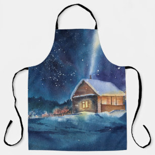 Hand drawn watercolor winter landscape apron