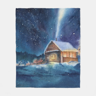 Hand drawn watercolor winter landscape fleece blanket