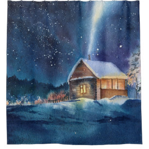 Hand drawn watercolor winter landscape shower curtain