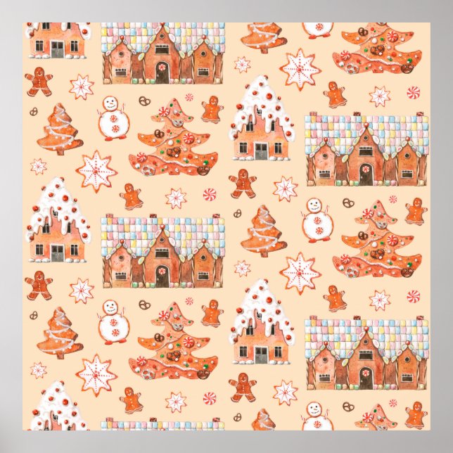 Hand drawn watercolour seamless pattern of gingerb poster (Front)