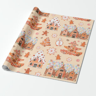 Hand drawn watercolour seamless pattern of gingerb wrapping paper