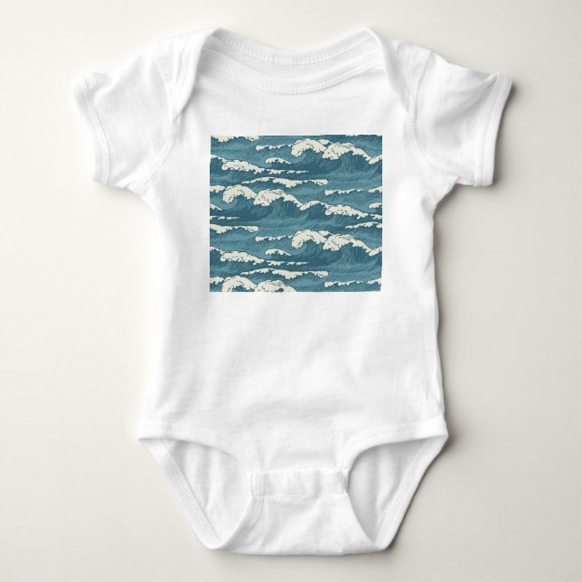 Hand-Drawn Waves Retro Vintage Pattern Baby Bodysuit (Front)