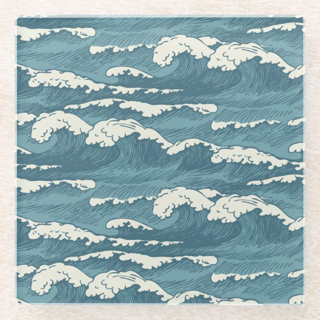 Hand-Drawn Waves Retro Vintage Pattern Glass Coaster (Front)