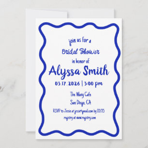 Hand Drawn Wavy Border Blue & White Bridal Shower Invitation