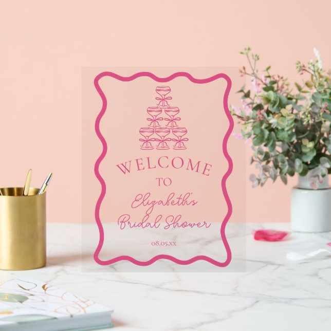 Hand Drawn Wavy Frame & Champagne Tower Welcome Acrylic Sign (Wedding)