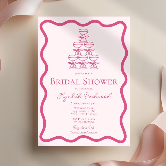 Hand Drawn Wavy Frame Retro Pink Bow Bridal Shower Invitation (Creator Uploaded)