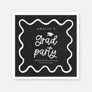 Hand Drawn Wavy Line Black Grad Party Napkin