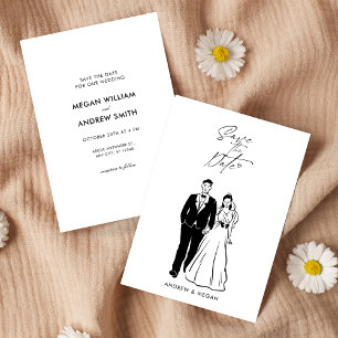 hand drawn wedding bride and groom  save the date