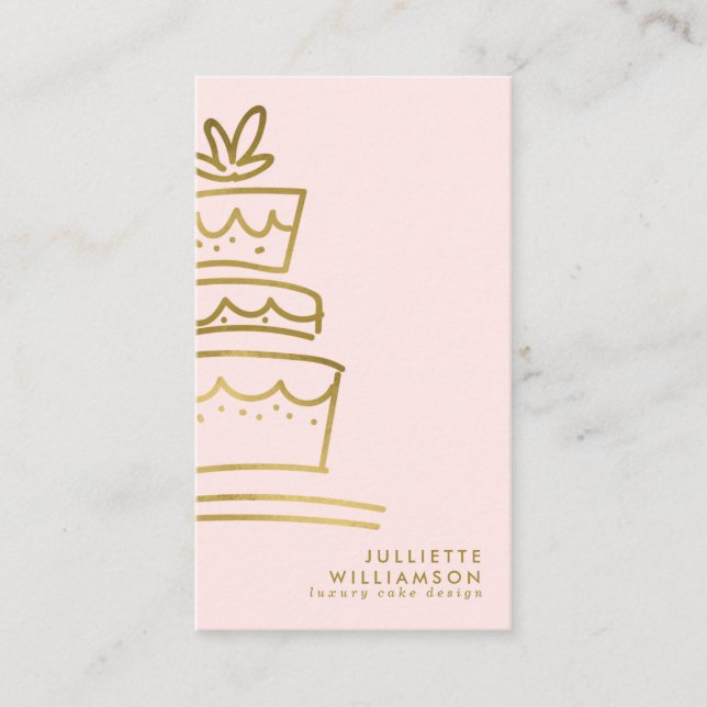 Hand Drawn Wedding Cake Blush & Gold Business Card (Front)