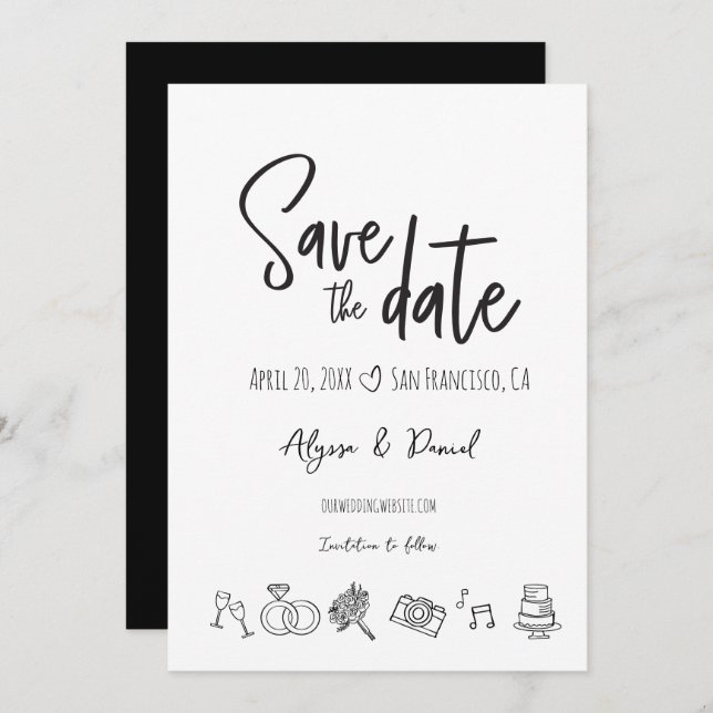 Hand drawn Wedding Chic Black White Save the date (Front/Back)