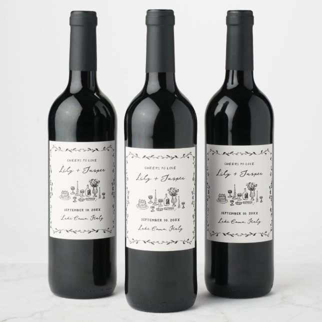 Hand Drawn Wedding Food Wine Label (Bottles)