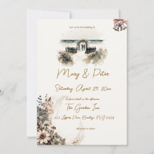 Hand drawn wedding invitation floral beach