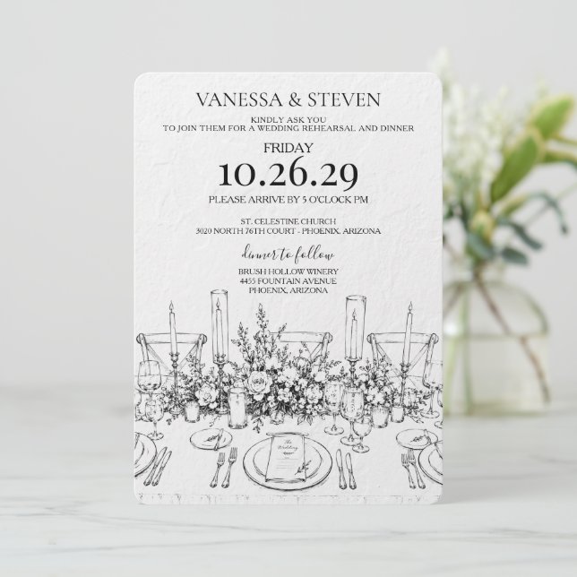 Hand Drawn Wedding Table Rehearsal Dinner Invitation (Standing Front)