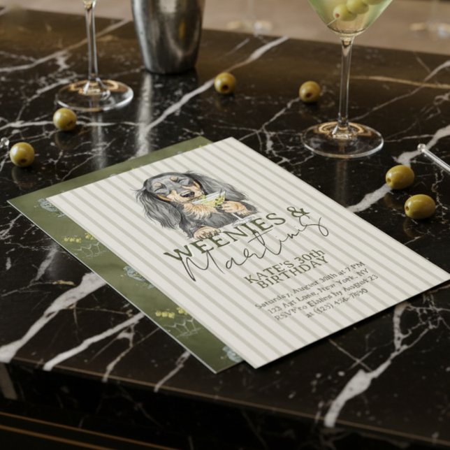 Hand Drawn Weenies and Martinis Dachshund Invitation (Invite guests to your trendy party with this Hand Drawn Weenies and Martinis Dachshund Invitation!)