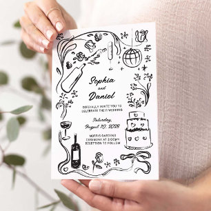 Hand Drawn Whimsical Black and Wedding Invitation