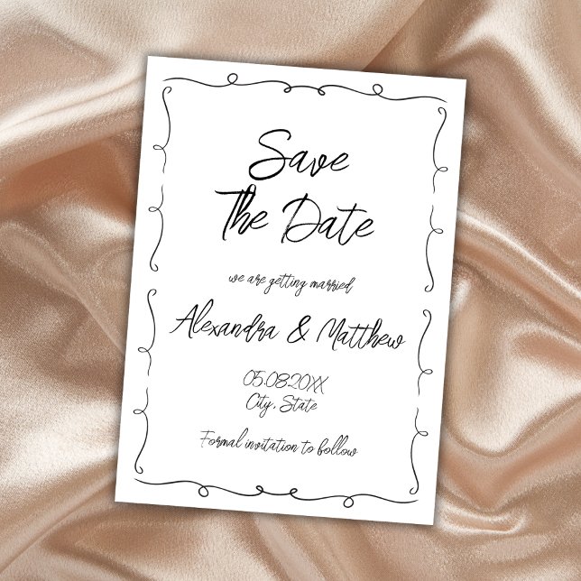 Hand Drawn Whimsical Black And White Save The Date (hand drawn whimsical black and white wedding save the date card hand lettered funky)
