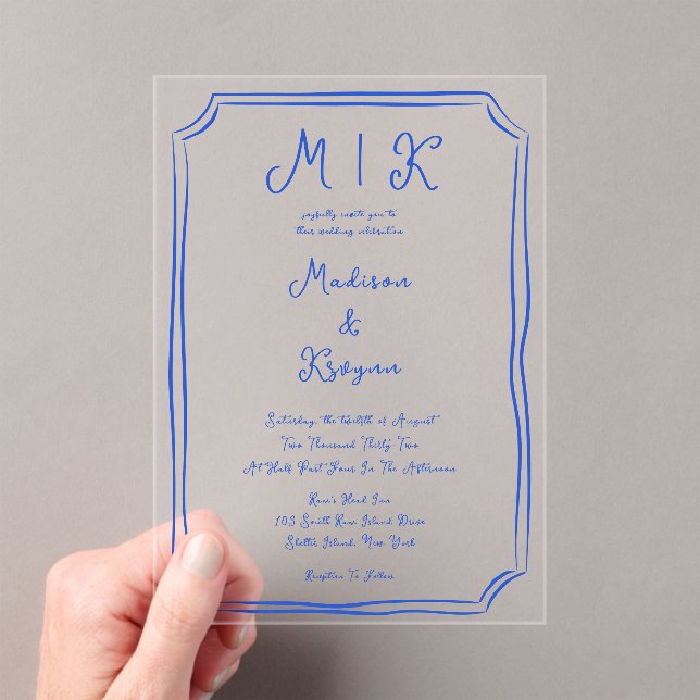 Hand Drawn Whimsical Blue French Wedding Acrylic Invitations (Insitu (Handheld))