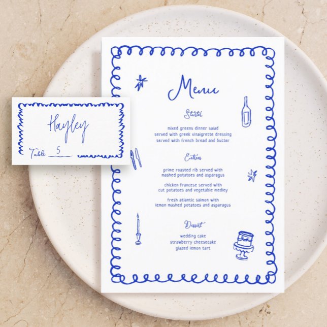 Hand Drawn Whimsical Blue French Wedding Menu (Creator Uploaded)