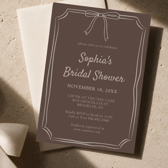 Hand Drawn Whimsical Bow Brown Bridal Shower Invitation (Creator Uploaded)