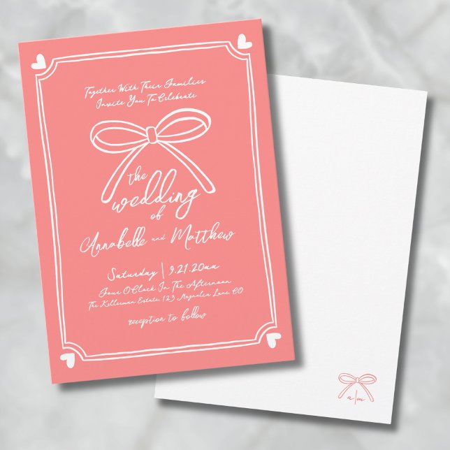 Hand Drawn Whimsical Bow Coral Wedding Invitation (Hand Drawn Whimsical Bow Coral Wedding Invitation)