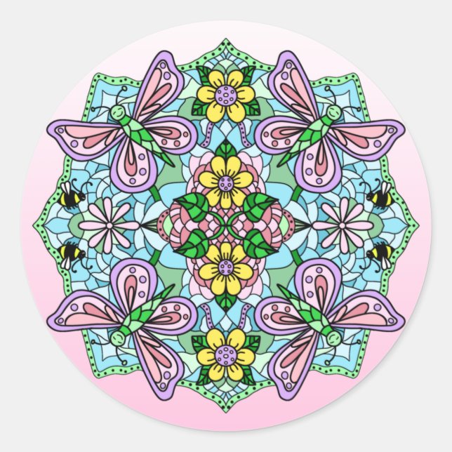 Hand Drawn Whimsical Butterfly Mandala   Classic Round Sticker (Front)
