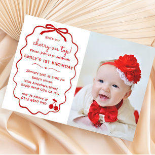 Hand drawn Whimsical Cherry On Top Photo  Invitation