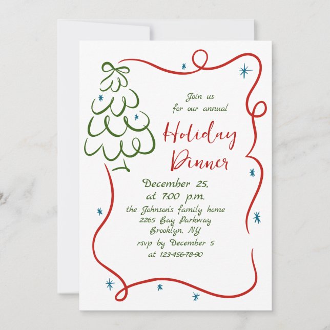 Hand Drawn Whimsical Christmas Holiday Dinner Invitation (Front)
