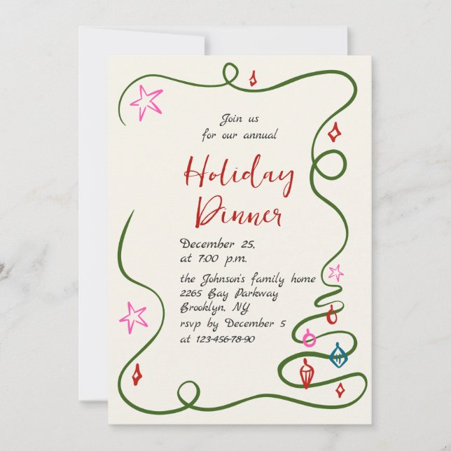 Hand Drawn Whimsical Christmas Holiday Dinner Invitation (Front)