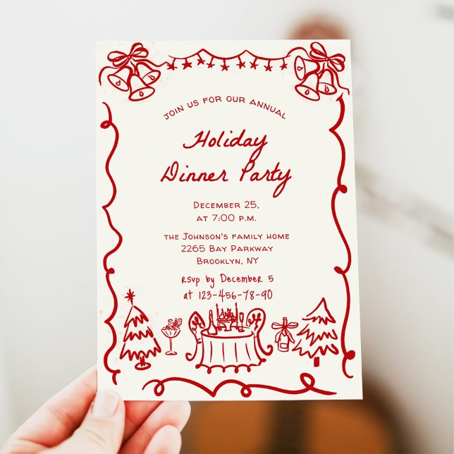 Hand Drawn Whimsical Christmas Holiday Dinner Invitation (Creator Uploaded)