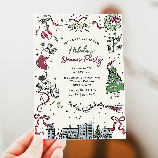 Hand Drawn Whimsical Christmas Holiday Dinner Invitation (Creator Uploaded)