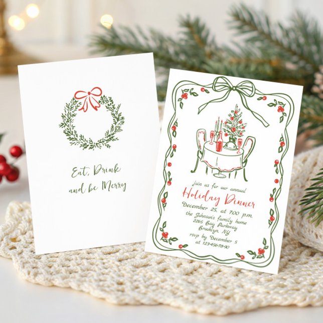 Hand Drawn Whimsical Christmas Holiday Dinner Invitation (Creator Uploaded)