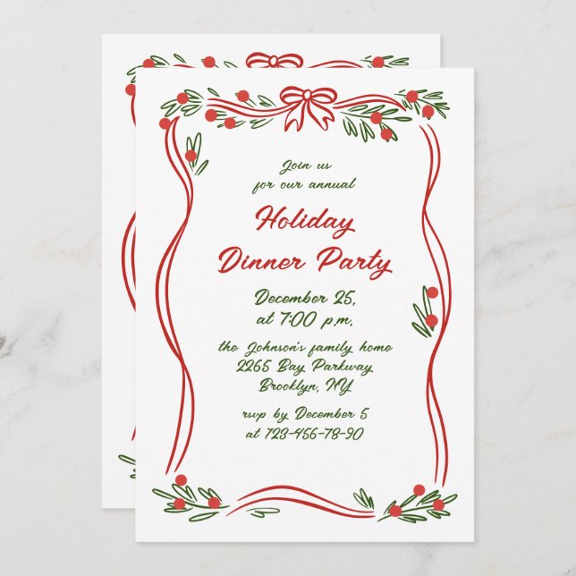 Hand Drawn Whimsical Christmas Holiday Dinner Invitation (Front/Back)