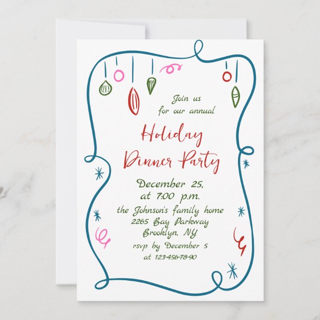 Hand Drawn Whimsical Christmas Holiday Dinner Invitation (Front)