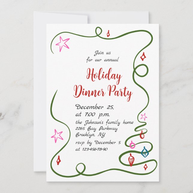 Hand Drawn Whimsical Christmas Holiday Dinner Invitation (Front)