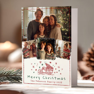 Hand Drawn Whimsical Christmas Truck 4 Photo Holiday Card