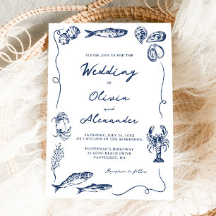 Hand Drawn Whimsical Coastal Navy Blue Wedding Invitation