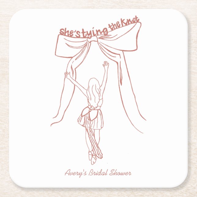 Hand Drawn Whimsical Coquette Bow Bridal Shower Square Paper Coaster (Front)