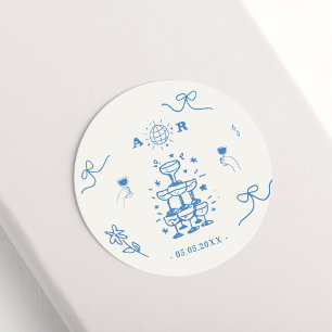 Hand Drawn Whimsical Disco French Wedding Monogram Classic Round Sticker