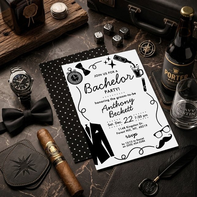 Hand Drawn Whimsical Doodles Bachelor Party Invitation (Creator Uploaded)