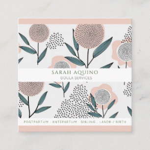 Hand Drawn Whimsical Florals Peach & Green Doula Square Business Card