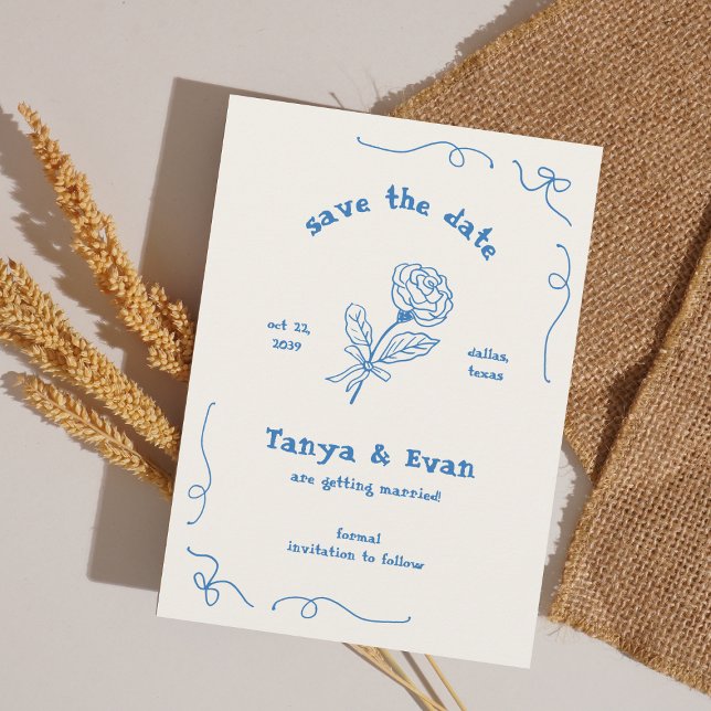 Hand Drawn Whimsical Flower Blue Wedding Save The Date (Creator Uploaded)