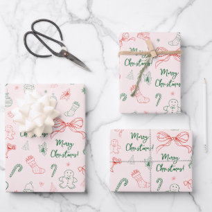 Hand Drawn Whimsical French Coquette Bow Christmas Wrapping Paper Sheet