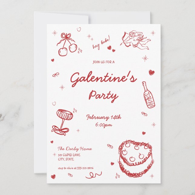 Hand Drawn Whimsical Galentine's Party Invitation (Front)