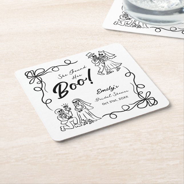 Hand Drawn Whimsical Halloween Bridal Shower Square Paper Coaster (Angled)