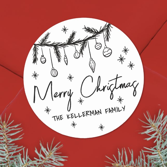 Hand Drawn Whimsical Merry Christmas Classic Round Sticker (Hand Drawn Whimsical Merry Christmas Classic Round Sticker)