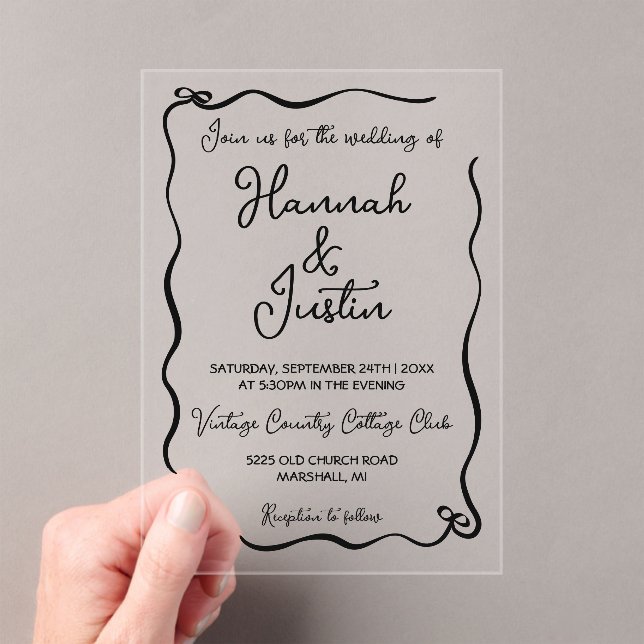 Hand drawn whimsical modern trendy wedding acrylic invitations (Insitu (Handheld))