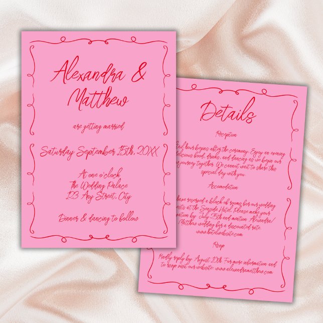 Hand Drawn Whimsical Pink And Red Funky Wedding Invitation (Hand Drawn Whimsical Pink And Red Funky Wedding Invitation bold)