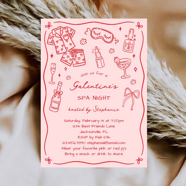 Hand Drawn Whimsical Pink Red Galentines Spa Party Invitation (Creator Uploaded)