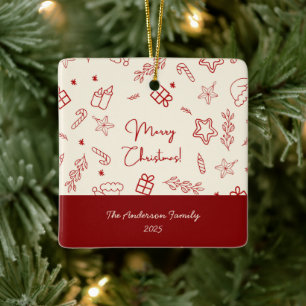 Hand Drawn Whimsical Red Doodle Christmas Ceramic Ornament