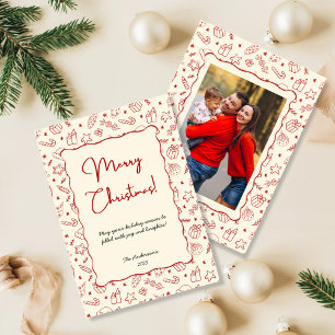 Hand Drawn Whimsical Red Doodle Christmas Photo Holiday Card